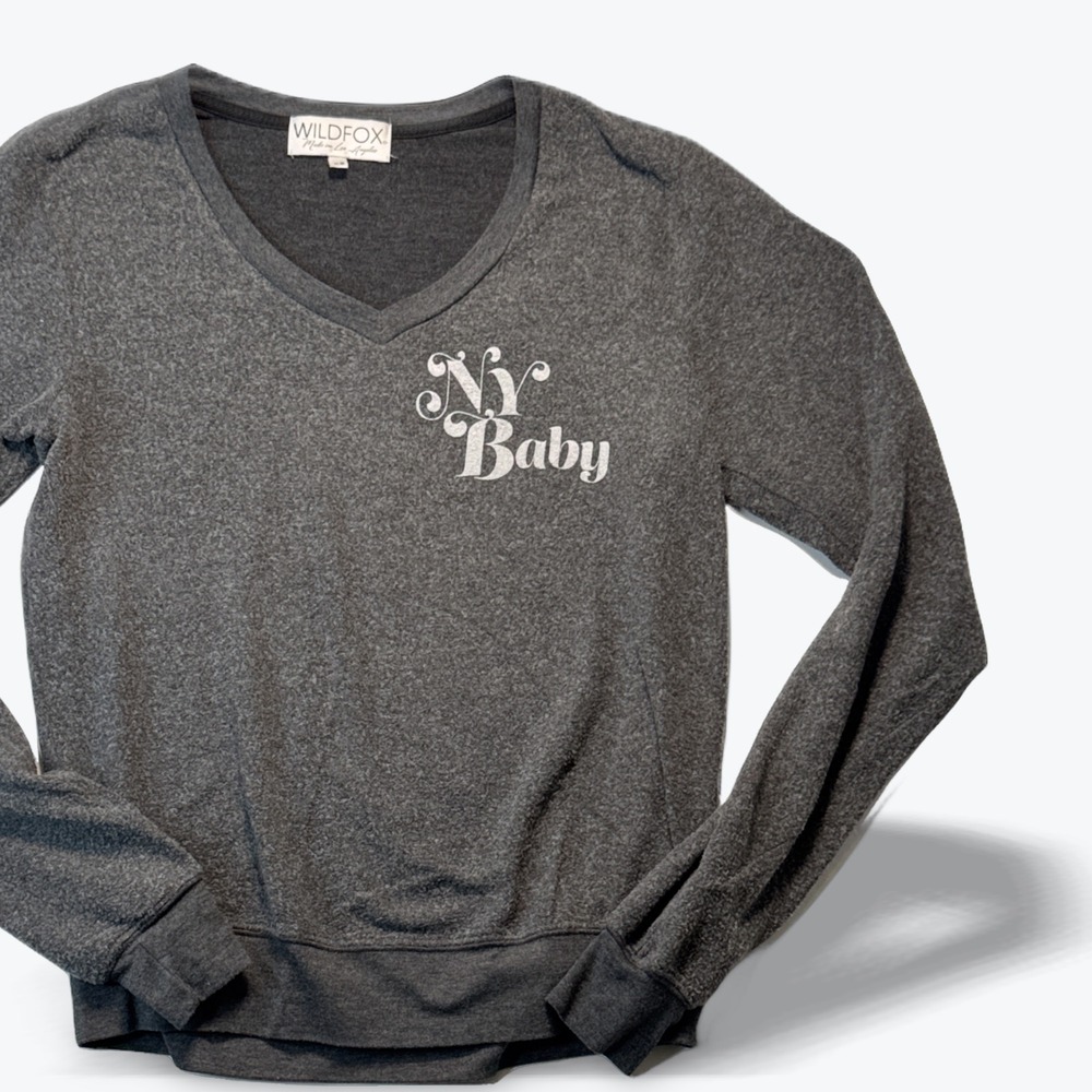 Wildfox V-Neck Sweatshirt Pullover NY Baby Graphic Womens XS Heather Grey  USA